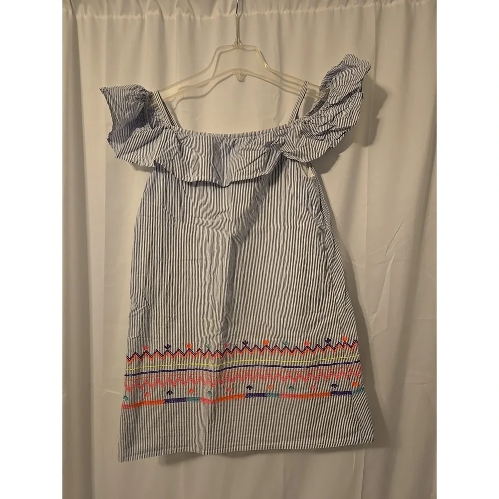 Gap Kids Girls Blue & White Striped Dress With Colorful Embroidery Size 10